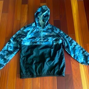 Champion black and grey camo rain jacket, boys large.